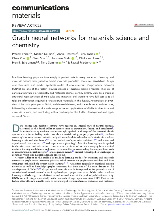 Graph neural networks for materials science and chemistry