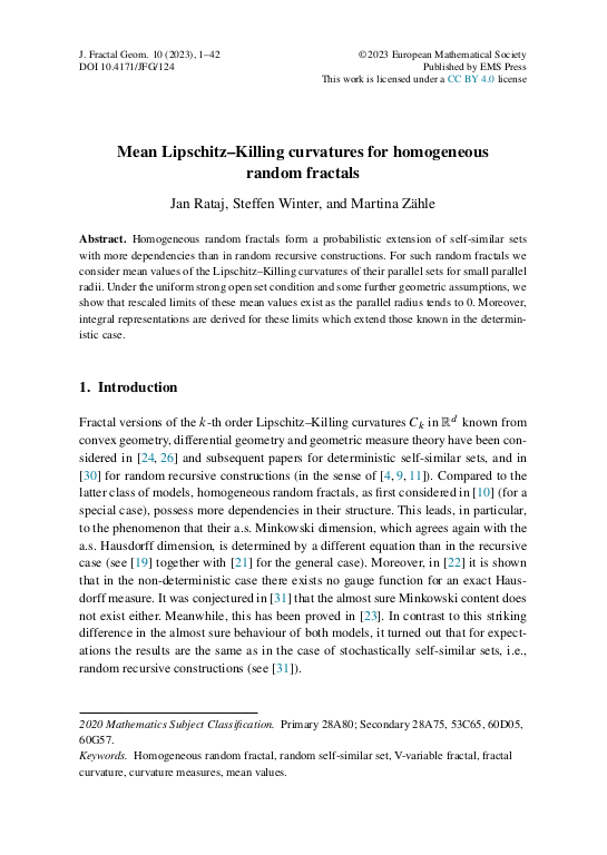 Mean Lipschitz Killing curvatures for homogeneous random fractals
