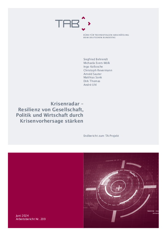 Cover: TAB-Arbeitsbericht 209: Krisenradar – Resilienz von Gesellschaft, Politik und Wirtschaft durch Krisenvorhersage stärken