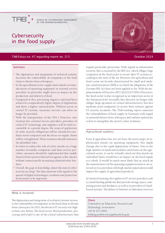 Cover: TAB-Fokus no. 45: Cybersecurity in the food supply