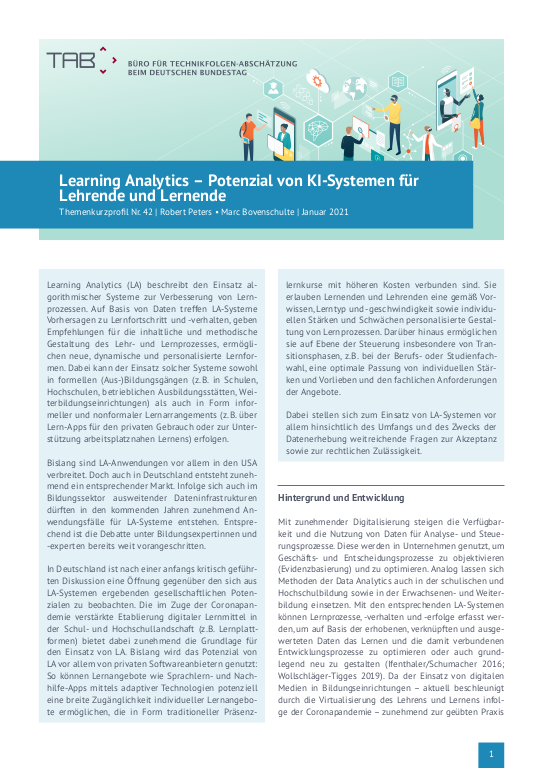 Cover: TKP Nr. 42: Learning Analytics – Potenzial von KI-Systemen für Lehrende und Lernende