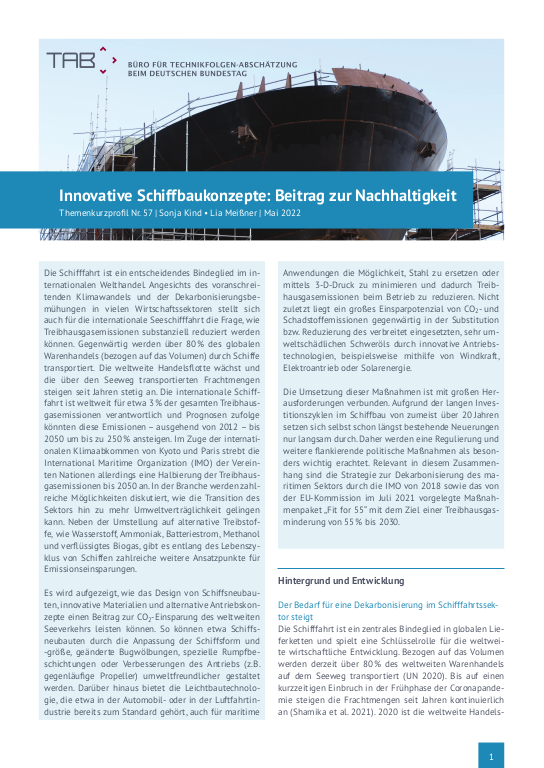 Cover Themenkurzprofil Nr. 57 Innovative Schiffbaukonzepte: Beitrag zur Nachhaltigkeit