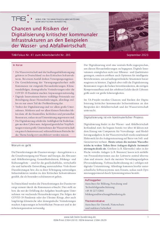 Cover: TAB-Fokus Nr.41: Chancen und Risiken der Digitalisierung kritischer kommunaler Infrastrukturen an den Beispielen der Wasser- und Abfallwirtschaft